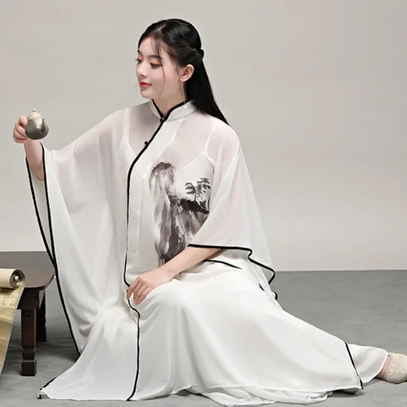 

Chinese Style Vintage Hanfu Vest Long Shawl Tops Wide Leg Pants 3 Piece Set China Zen Suit Traditional Elegant Women Clothing
