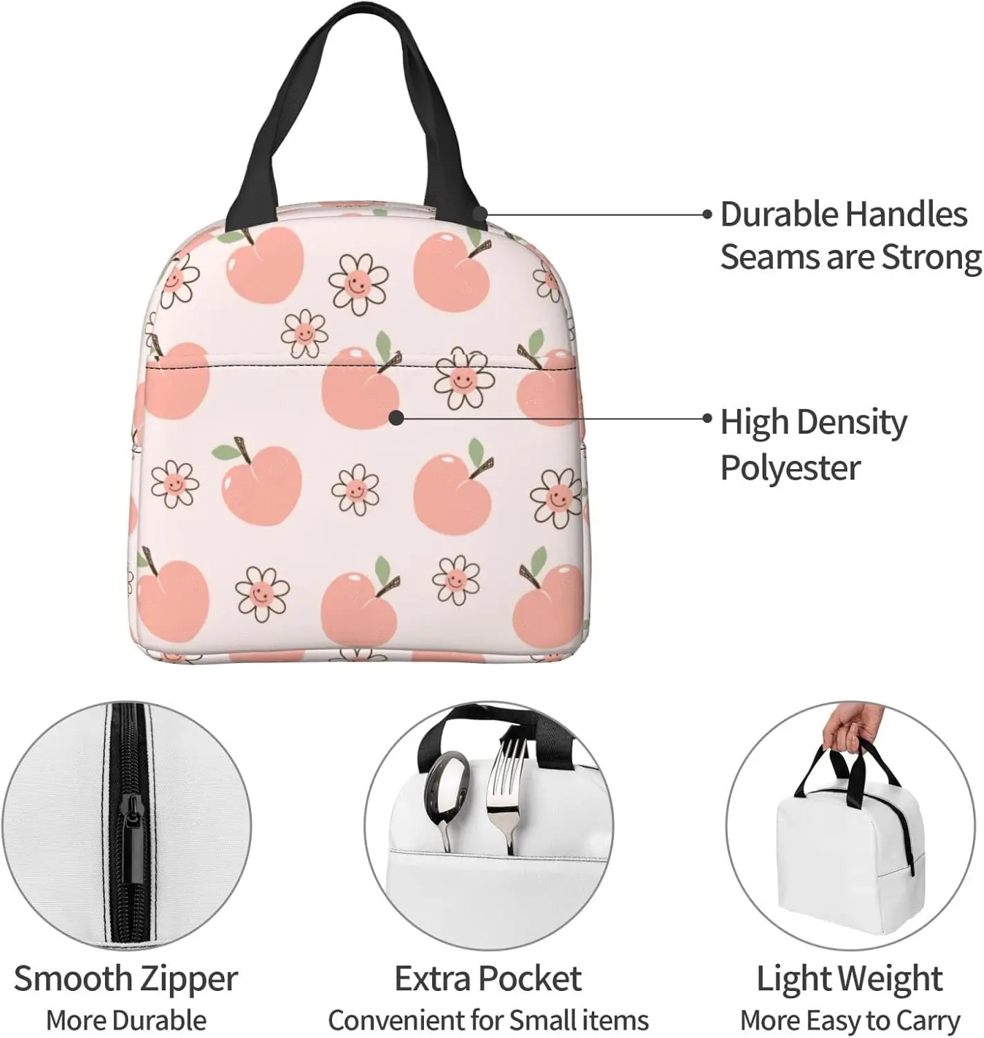 الخوخ الفاكهة سعيد زهرة الوردي حقيبة الغداء للنساء الفتيات معزول علب الاغذية قابلة لإعادة الاستخدام Lunchbox مقاوم للماء حقيبة غداء محمولة #6