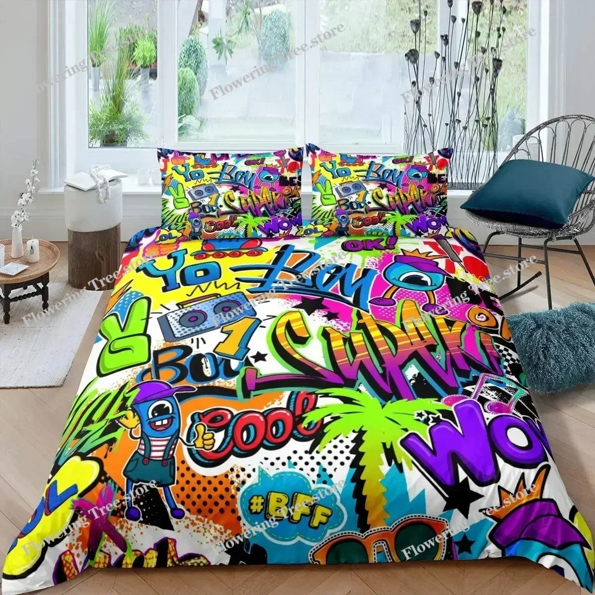 Hip Hop Duvet Cover KingQueen Size Color Street Culture Wall Graffiti Art Rock Music Sports Polyester Bedding Set for Kid Teens