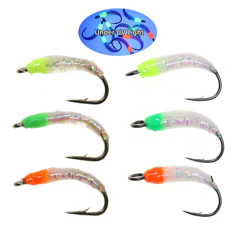6 piezas # 8~ # 18 Moscas de Pesca con Señuelo de Epoxi Flash Gliss, Tipo Buzzer, Fluorescentes, Larvas de Midge, para Pesca de Trucha, Perca y Pescado Blanco