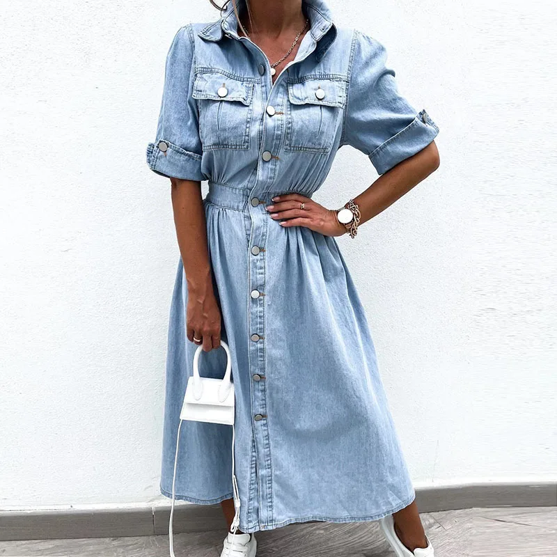 New Turn-down Collar Short Sleeve Summer Dress Women\'s Single Breasted Pocket Casual Dress Denim High Waist Pleated 2024 Dresses