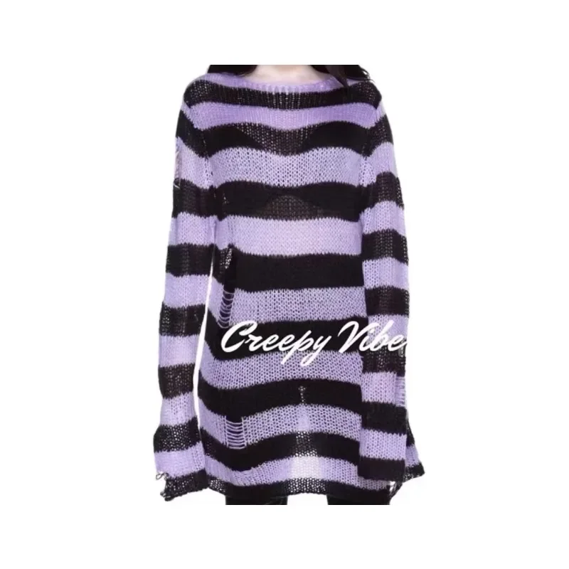 

Новый женский пуловер большого размера в стиле панк в готическом стиле, полосатый ажурный крутой Harajuku, эстетика, весна-осень