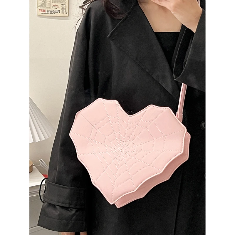 Latest Girls Medium Backpack Peach Heart Shaped Spiderweb Pattern Leather Shoulder Bag Female Fashion Punk Crossbody Phone Bag