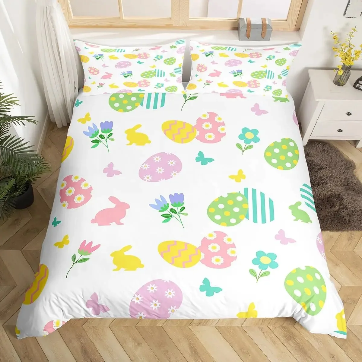 Easter Eggs Duvet Cover Boys Girls Cartoon Colorful Egg Theme Bedding Set Happy Easter Comforter Cover Floral Flower Quilt Cover