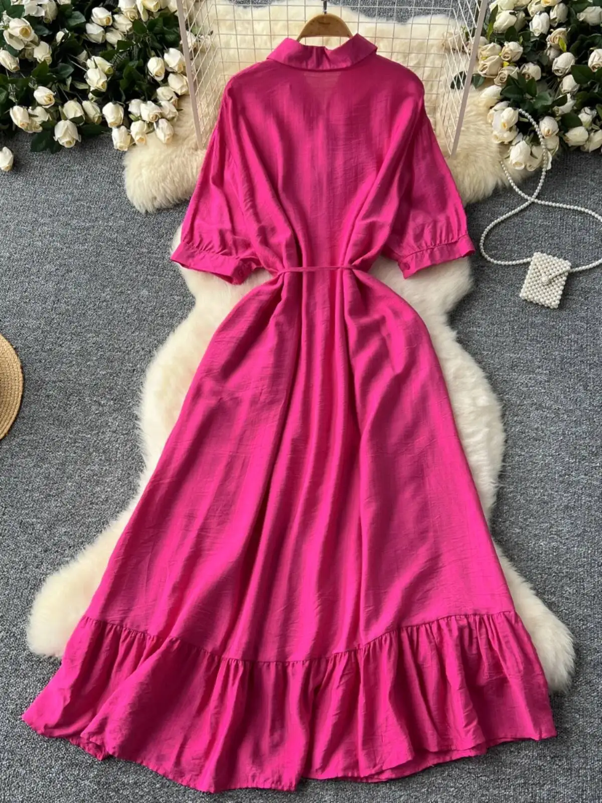 Abito camicia casual da donna con risvolto Primavera Estate Mezza manica monopetto Abiti lunghi con volant di media lunghezza Abiti lunghi con vestaglia lunga solida