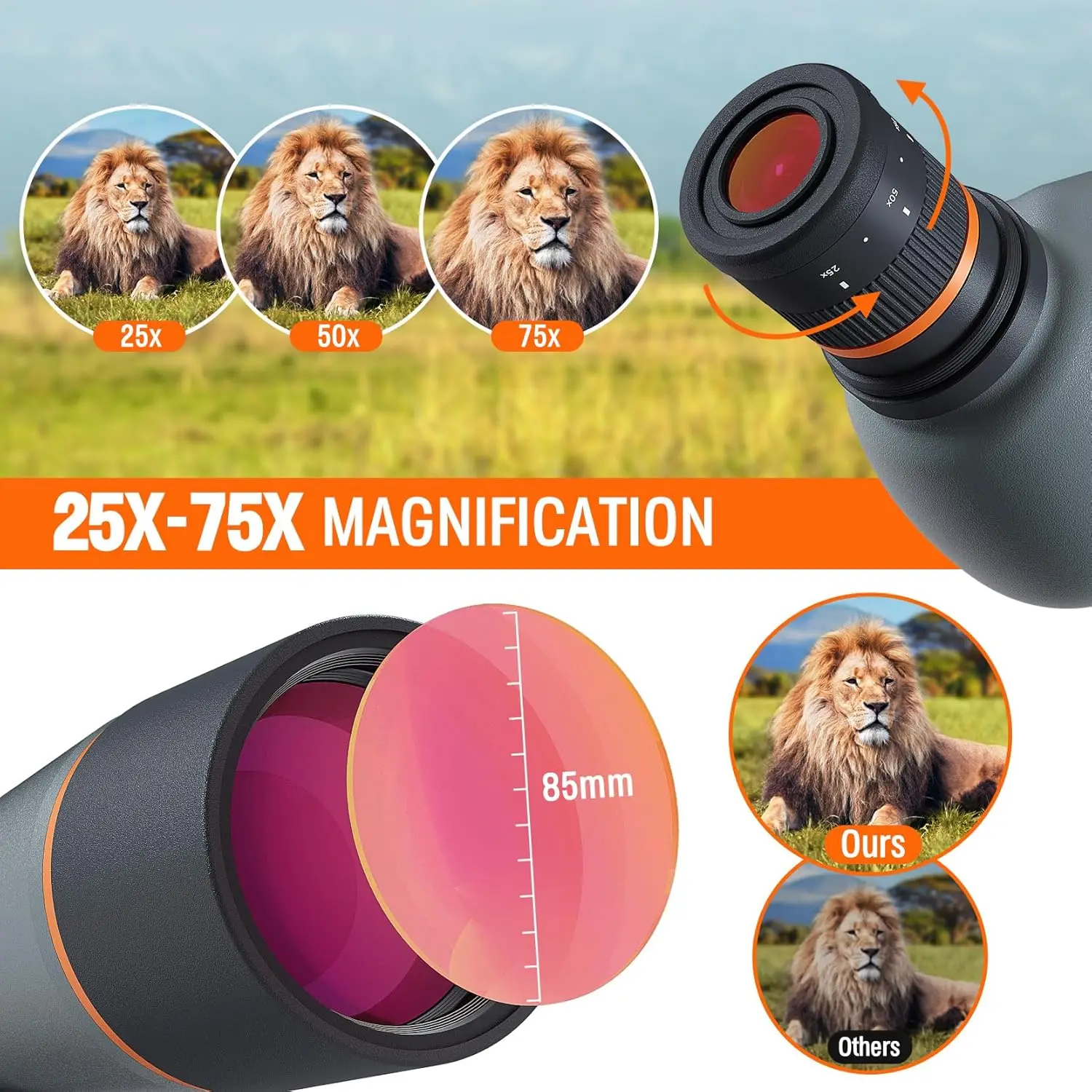 Scope 25-75x85, Dual Focusing Spotting Scope with Tripod, BAK4 Prism, FMC, Spotter Scope for targeting, Bird Watching, Wildlife,