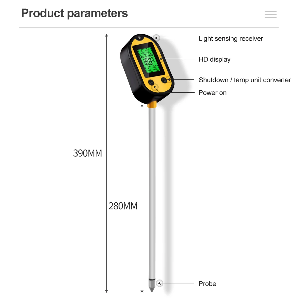 Medidor de PH 5 en 1 para la humedad del suelo, medidor de acidez en maceta, Sensor de humedad del suelo, Kit de prueba de luz solar para plantas