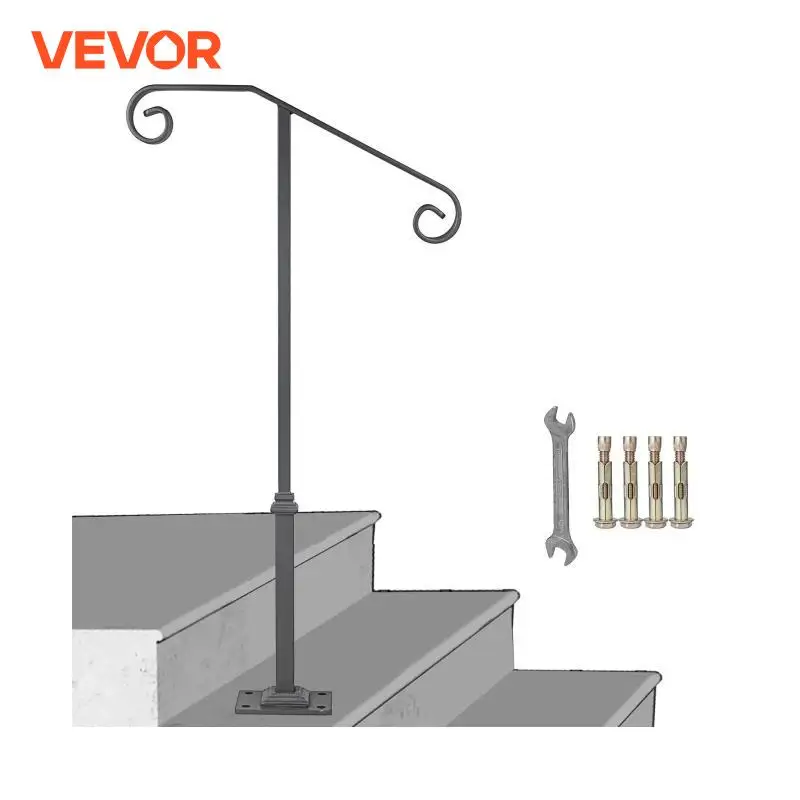 VEVOR Single Post Handrail Wrought Iron Post Mount Step With Base Plate Fits 1Or2 Steps Grab Rail Single White/Gray Post Railing