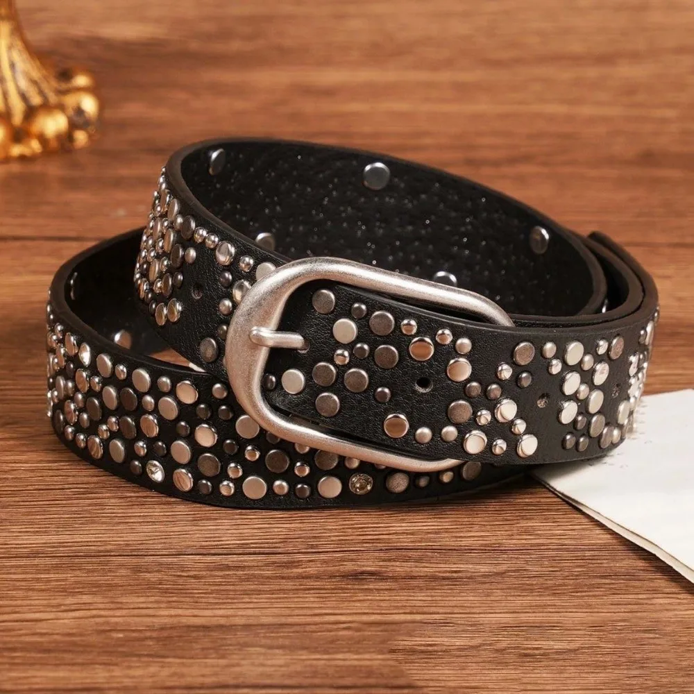 Randomly Placed Gothic Waiststrap Aged Bronze Matt Finish Rivet Leather Belt Multi-Toned Unlined Multi-Size Nailhead Belt