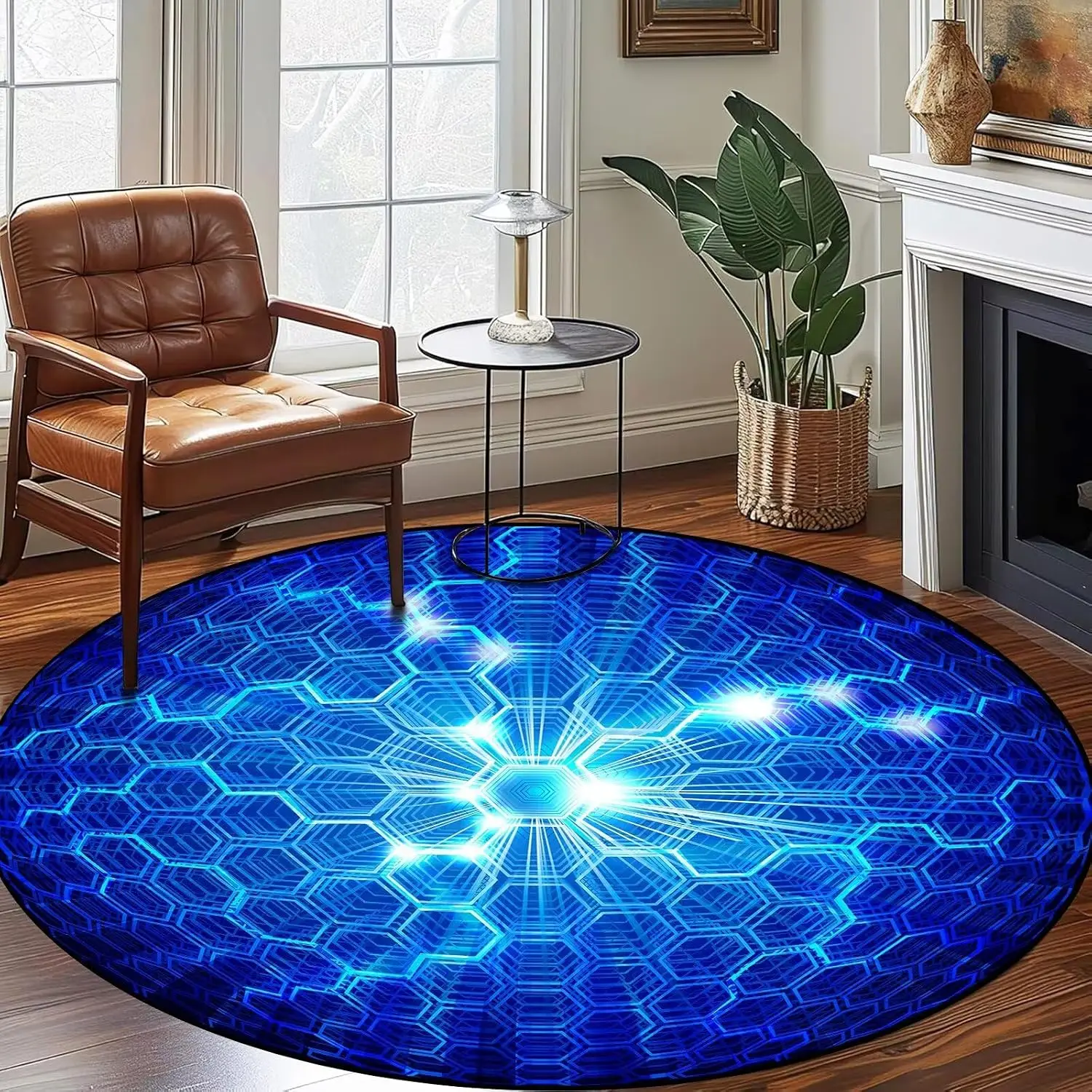 3D Geometric Round Rug Black Hexagon Tech Carpet Circular Area Rug for Living Room Bedroom Modern Home Decoration Floor Mat