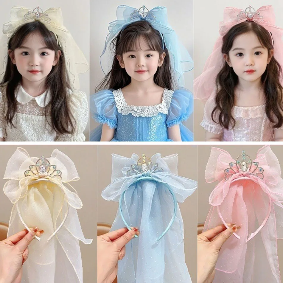 

Kid Korean Version Princess Floating Yarn Headband, Three-dimensional Pearl Crown Bow Versatile Western Style Hair Headband TM04