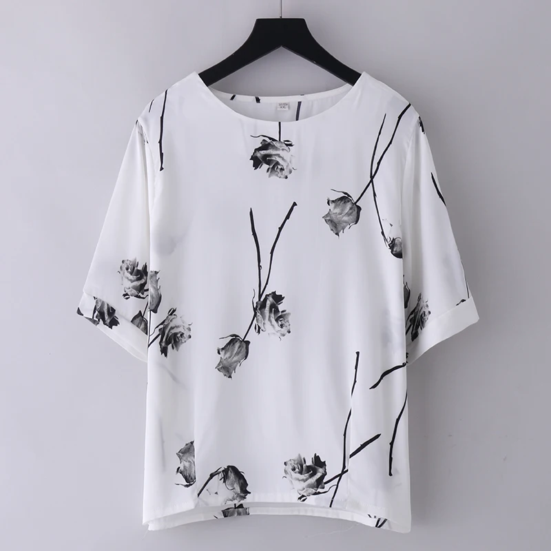 Chiffon Blouse for Women, Short Sleeve, Floral Tops, Loose Pullover, Printed T-Shirt, Summer