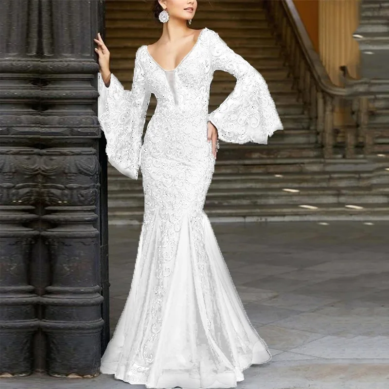 Abito da sera lungo elegante da donna, sexy, con maniche a campana, ricamo in pizzo, vita alta, vestito lungo, per invitati a matrimoni, feste formali
