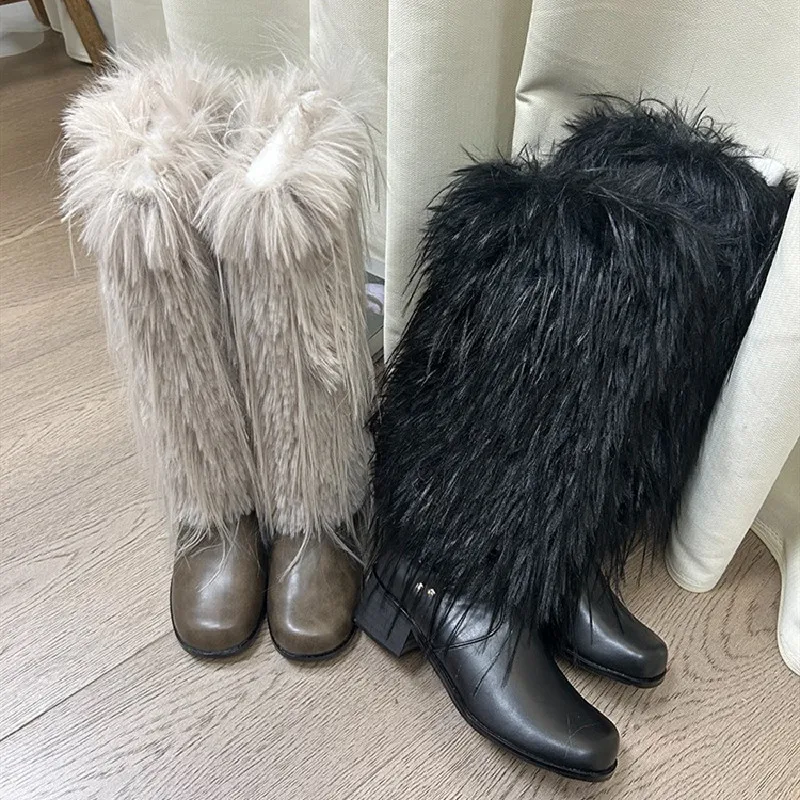 Feather Med High Women Boots Fringe Tassel Winter Boots Warm Furry Block Heels Botas Mujer Long Botines Leather Chaussure Femme