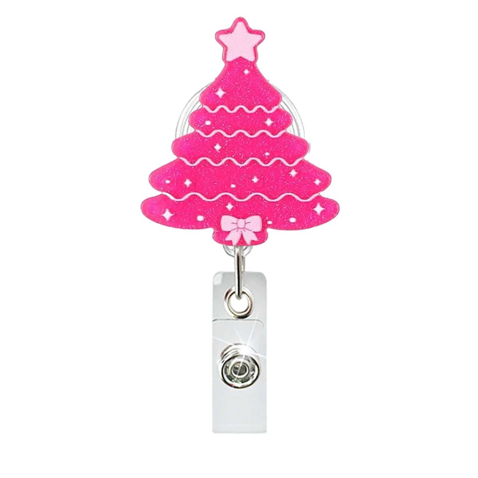 1 個の新しいアクリルクリスマスツリーサンタクロースバッジリール格納式 ID バッジホルダー 360 回転ワニ口クリップ名ホルダー付き