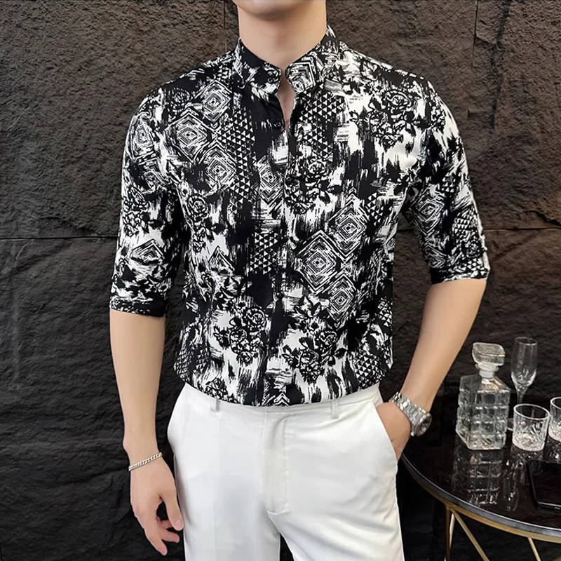 

Vintage Half Sleeved Men Floral Shirt Korean Style Stand Collar Slim Fit Male Printed Shirts Fashion Summer Trendy Men's Clothes