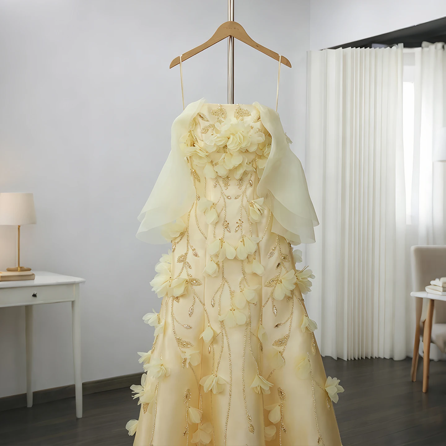 Sharon Said Gelbes Meerjungfrauenkleid für Damen, formelles Abendkleid, schulterfrei, mit 3D-Blumen, Rüschen, Perlen, Party- und Ballkleid SS505, maßgeschneidert – Detail 12