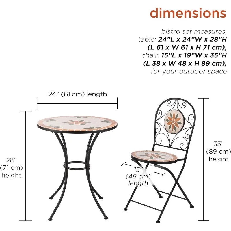 Alpine Corporation Indoor/Outdoor 3-Piece Mosaic Bistro Set Folding Table and Chairs Patio Seating, Tan