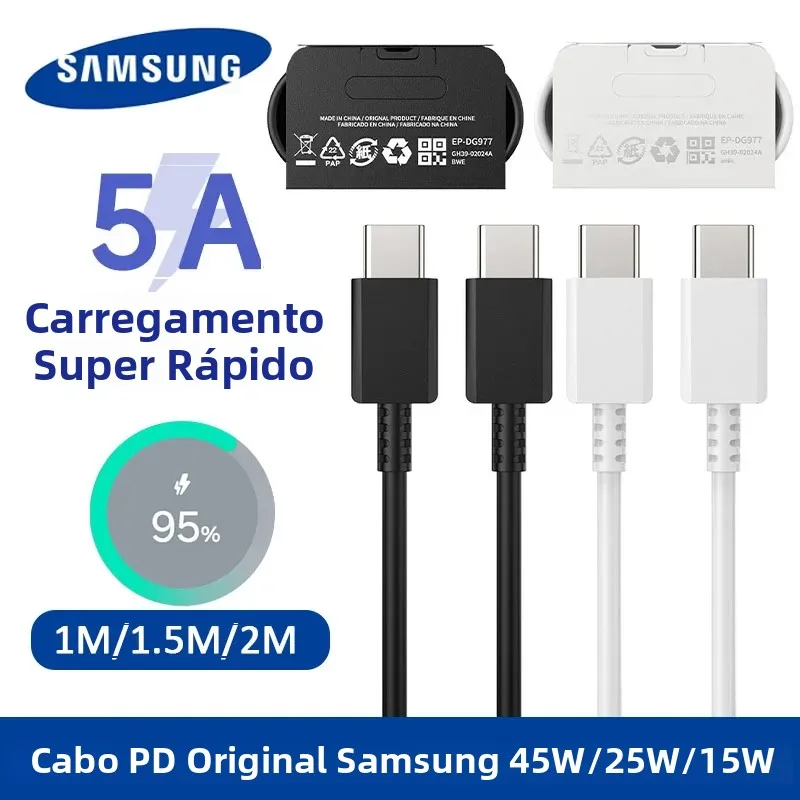 Cabo USB Tipo C Original Samsung S25 S24 45W 25W 5A PD para Carregamento Rápido Galaxy S23 S22 S21 S20 Plus Ultra Note 20 A71 Tab S8