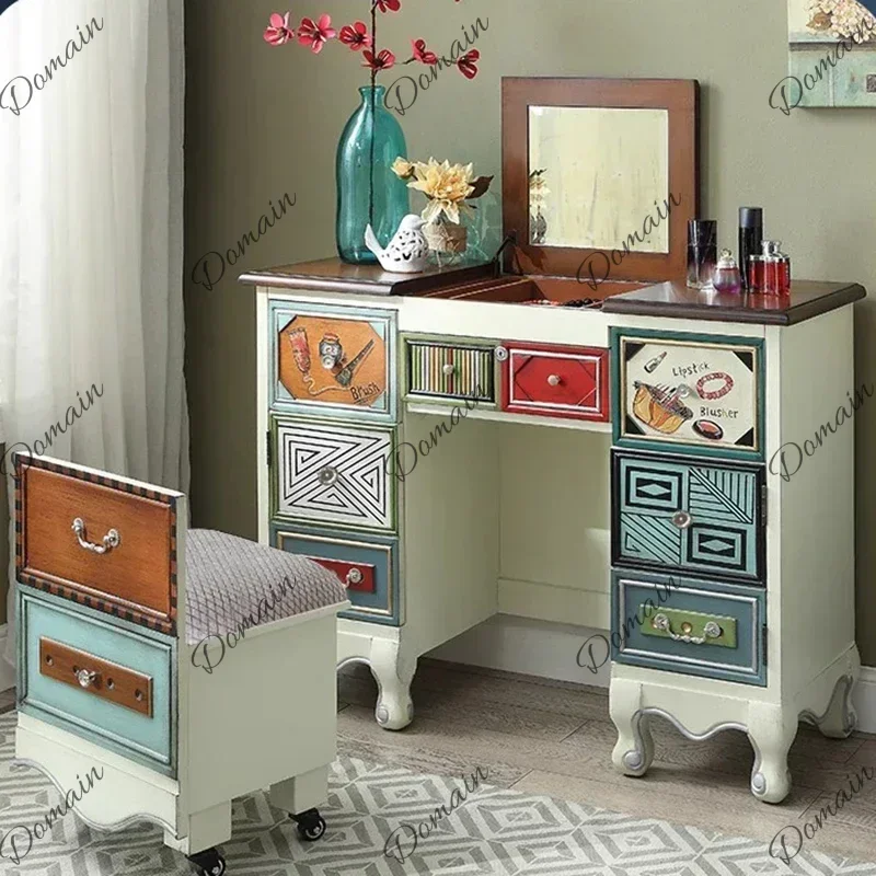 ER Modern Aesthetic Dresser Vintage Style Stool Wood Dresser Make Up Cabinet Tocador De Maquillaje Mueble Con Espejo Furniture F