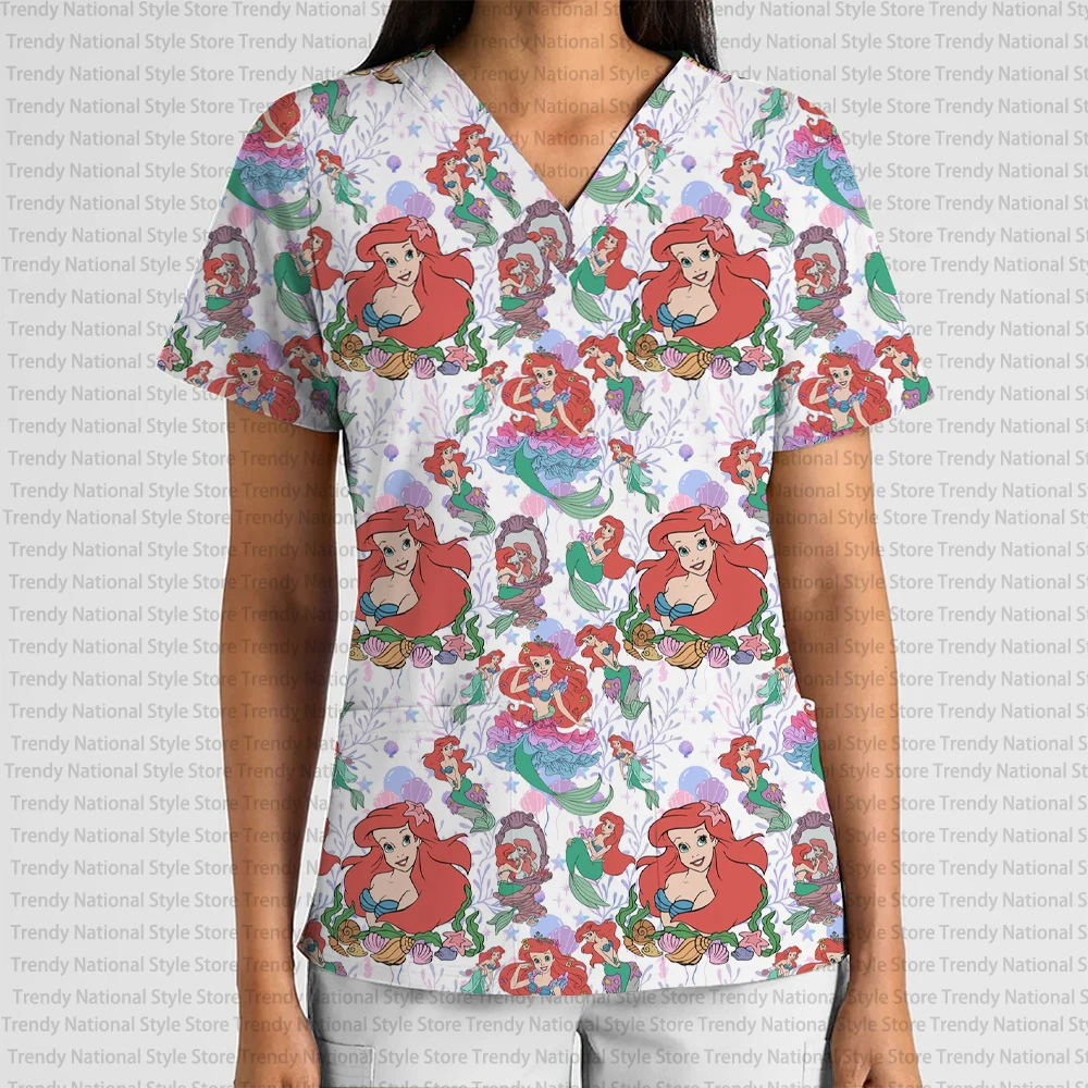 Summer Christmas Disney Cartoon Mermaid Print V-Neck Pocket Scrub Top Women's Clothing Nursing Clothes Dental Pet Shop T-shirt