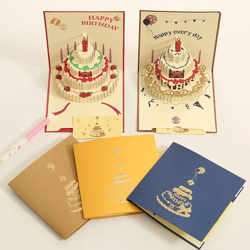 1pc Happy Birthday Card for Girl Kids Wife Husband 3d Birthday Cake Pop-Up Greeting Cards Postcards Gifts with Envelope