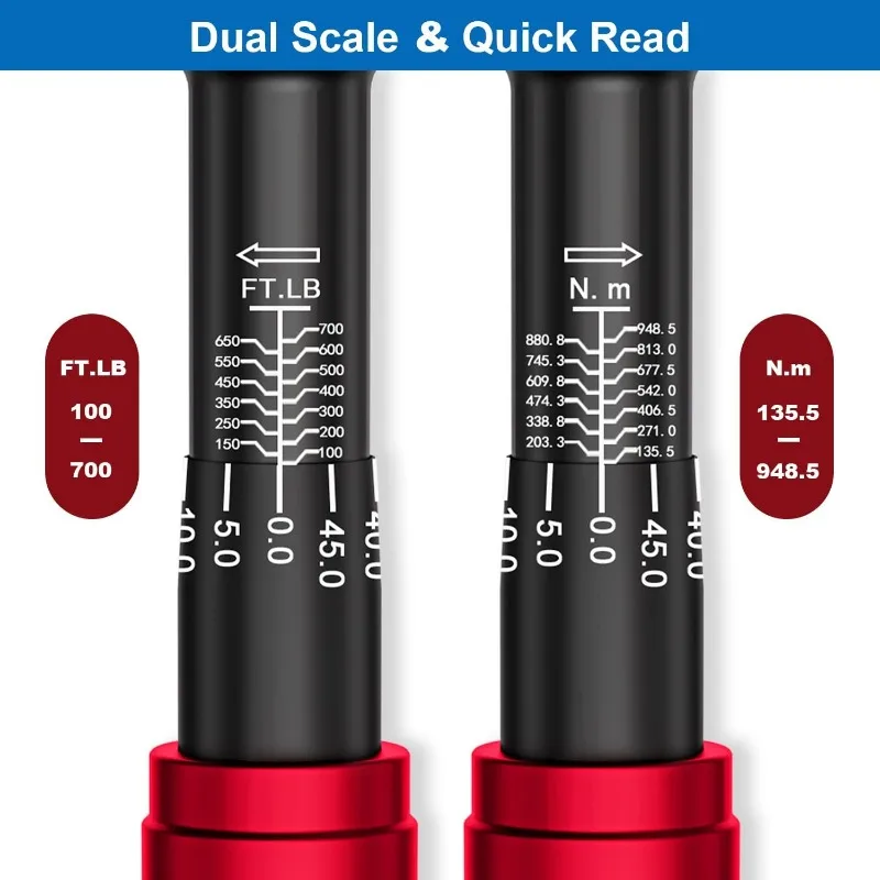 Drehmomentschlüssel 3/4-Zoll, zweireihig verstellbar, 48 Zähne, 100–700 Fuß. lb/135,5–948,5 Nm, Antriebsklick-Drehmomentschlüssel mit Schnalle