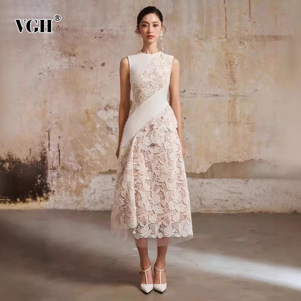 

VGH Elegant Slimming Printing Long Dresses For Women Round Neck Sleeveless High Waist Temperament Dress Female Fashion Style New