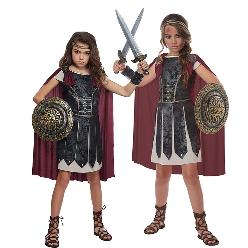 

2025 Girl Roman Spartan Warriors Soldier Halloween Dress Up Book Week Outfit Child Fearless Gladiator Costume
