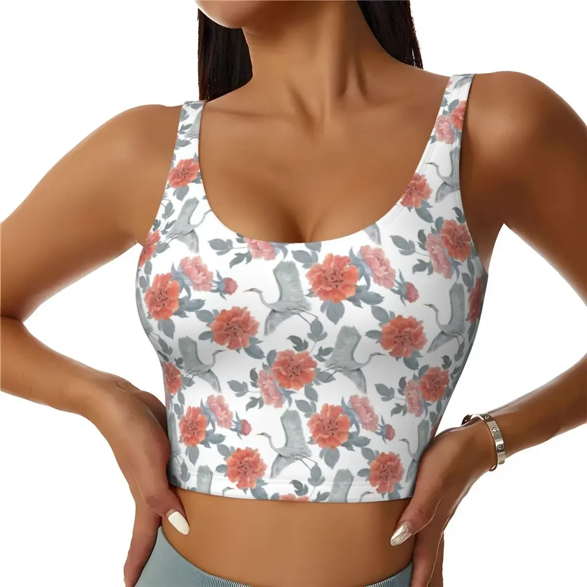

Yoga Vest Women Gym Sports Crop Tops Watercolor Peones And Flying Garza Streetwear Workout Breathable Tank Top Female