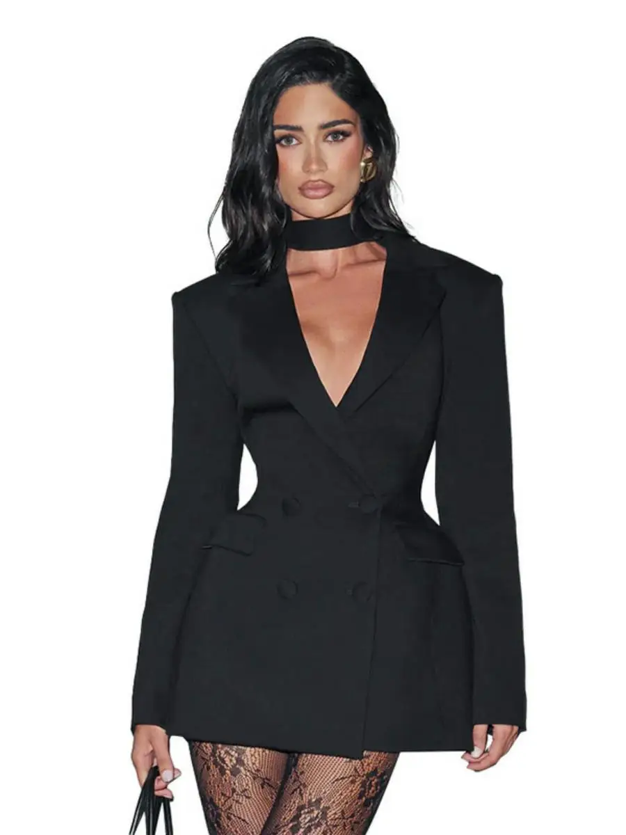 Nouveau D25DS420 femmes décontracté coupe ajustée costume Dr Long Sve faux ket Midi Dr couleur Pure automne Faion t-shirt Ratels