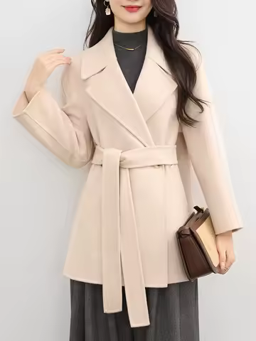 Mid-length Wool Coat Women 100% Wool Short Coats Belt Wide Collar Lapel Autumn Winter Loose Blazer Jacket Ladies New #27
