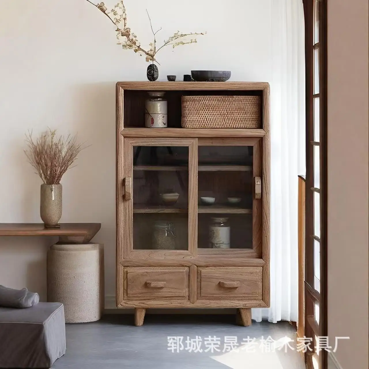 

Old elm dining side cabinet Solid wood storage cabinet with glass door Locker B & B wall bucket cabinet Tea set storage