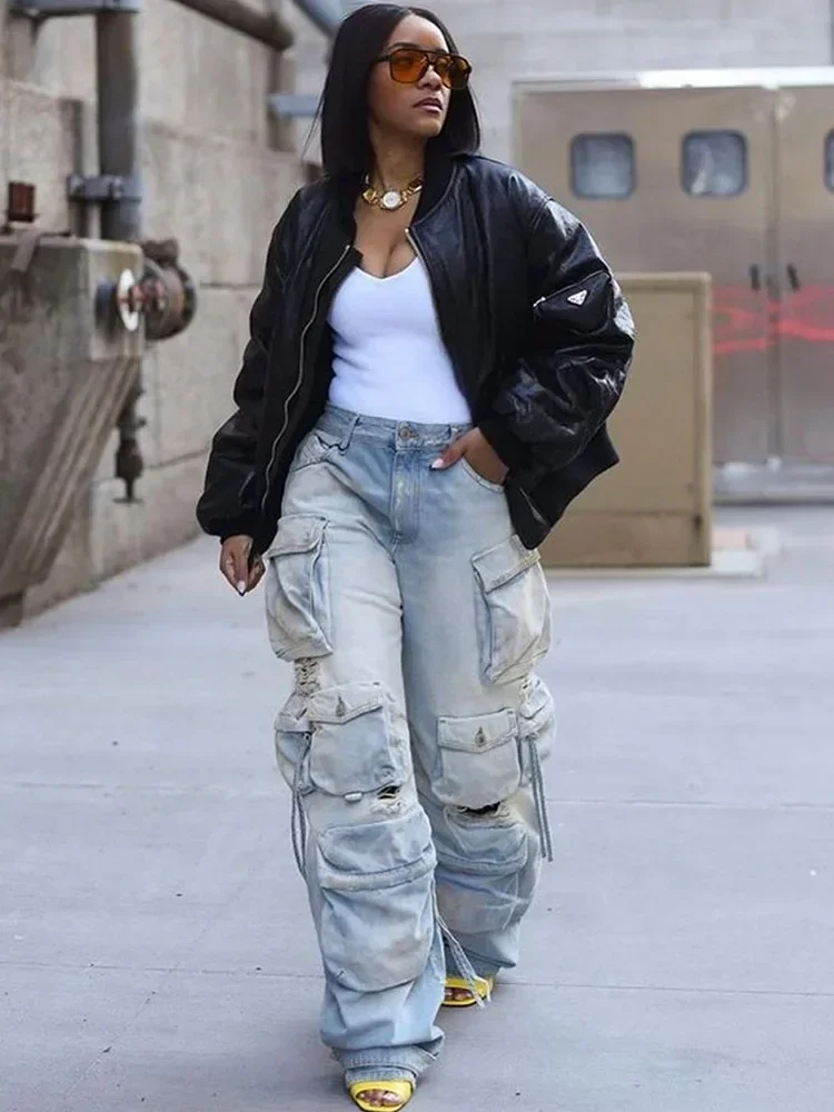 Streetwear Hip Hop Y2K Denim Pants Women Jeans Hole Pockets Loose Straight Cargo Pants Vintage Trousers Baggy Pants Pantalones