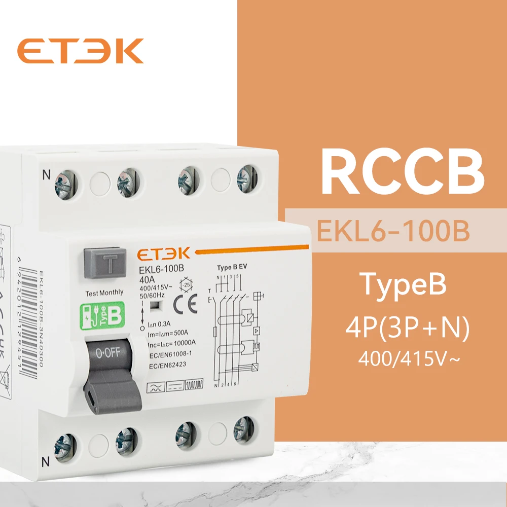 ETEK tipo B interruttore di corrente di dispersione di terra RCD RCCB guida Din 2 poli 4 poli 40A 63A 100A 30mA 300mA per caricabatterie EV RCD EKL6