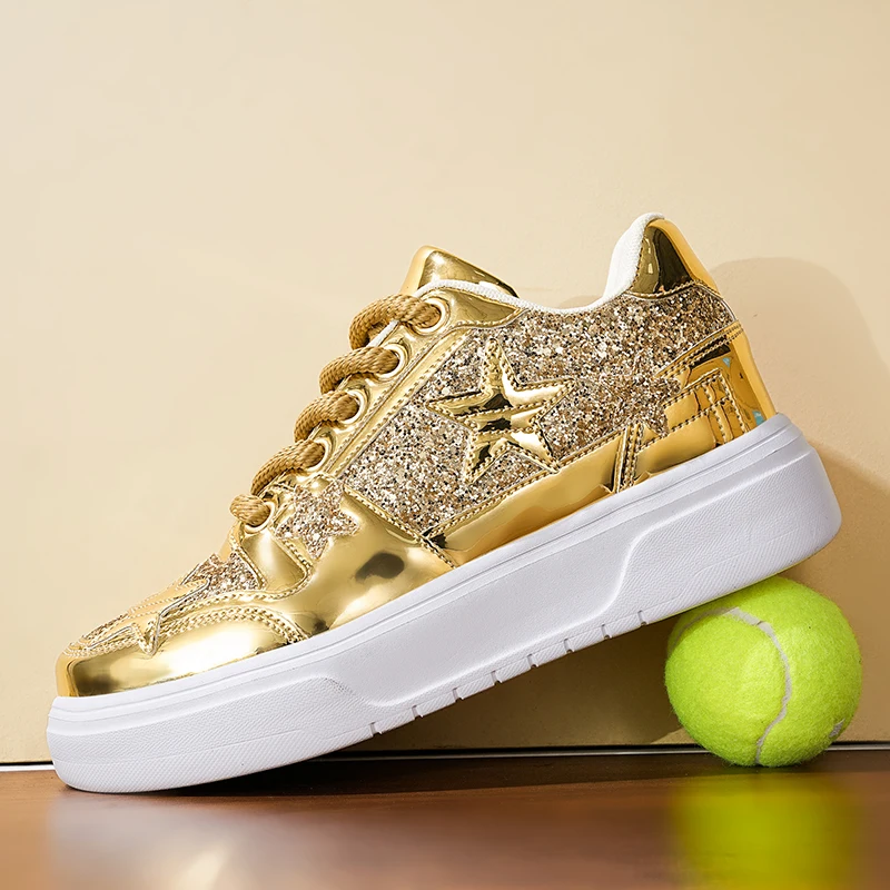 

Women Gold Silver Sneakers Men Hip Hop Casual Unisex Tennis Luxury walking Shoes Clunky Big size Streetwear Footwear flat shoes