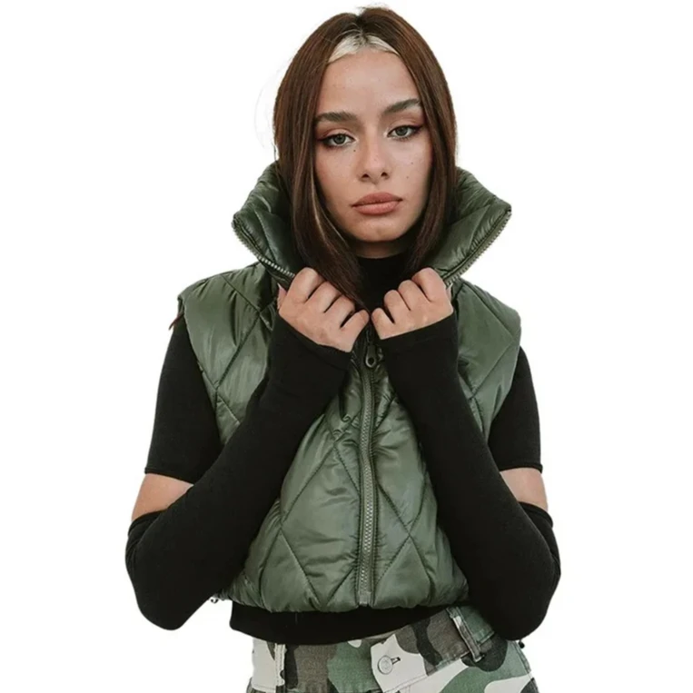 Cardigan da donna autunno/inverno tinta unita colletto alla coreana scozzese con cerniera cardigan con coulisse pancia scoperta gilet imbottito in cotone