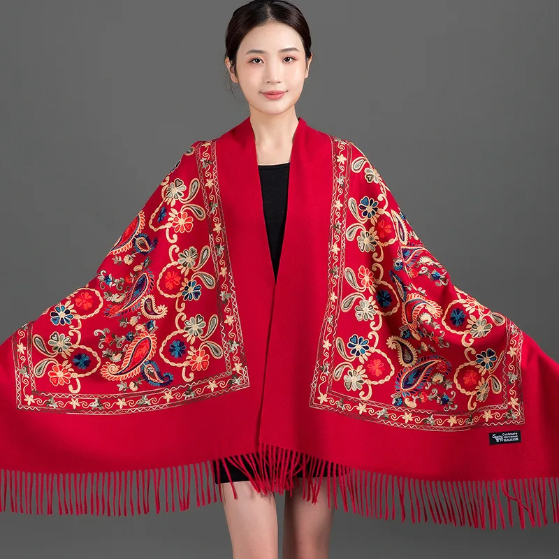 Women New Autumn Winter Embroidery Shawl Thick Warm Cashmere Pashmina Scarves Wrap Bufanda Travel Reversible Long Scarf 200*70CM