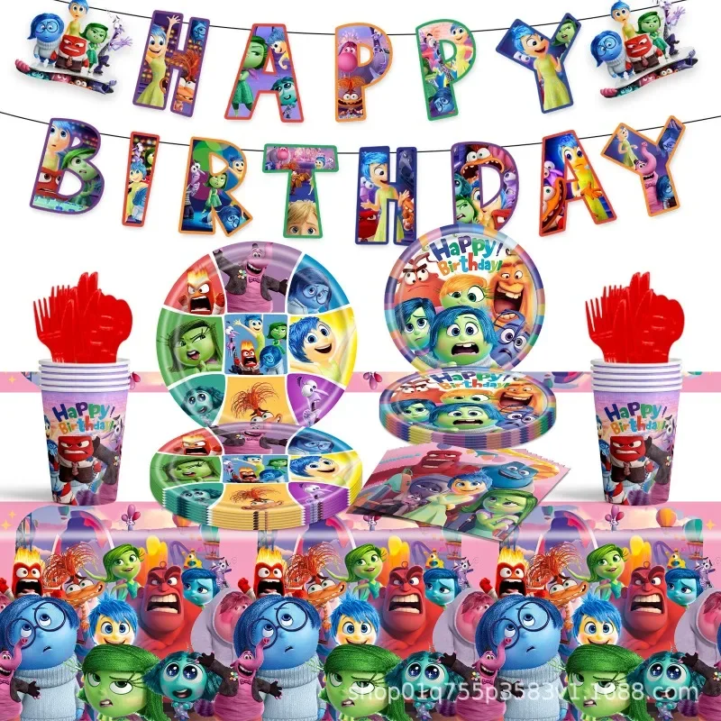 

Disney Inside Out 2 Party Tablecloth Banner Cake Toppers Plate Happy Birthday Party Decoration Anime Cartoon Party Supplies