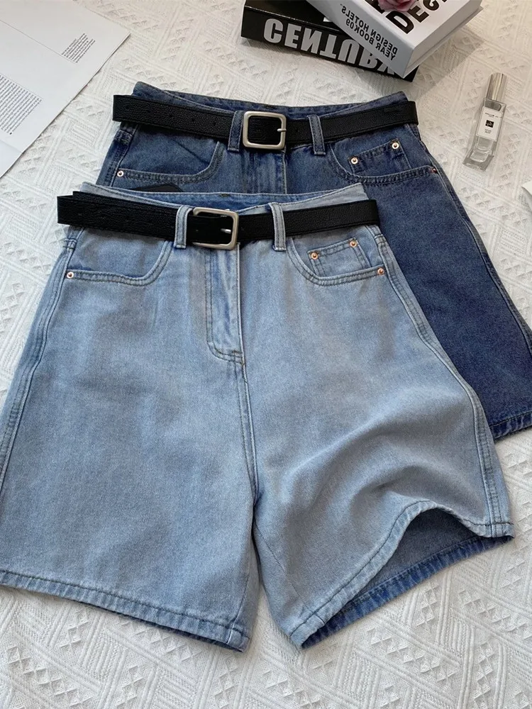 

Women High Waist Versatile Solid Color Casual Denim Shorts With Belt Distressed Pocket Button Loose Cozy Half Length Short Pants