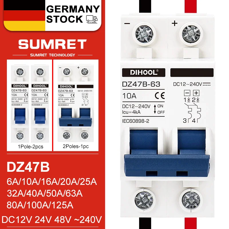 DC Circuit Breaker For Battery Inverters 12V 24V 36V 48V 72V MCB 125A 16A 32A 25A 40A 63A 125A 1P 2P