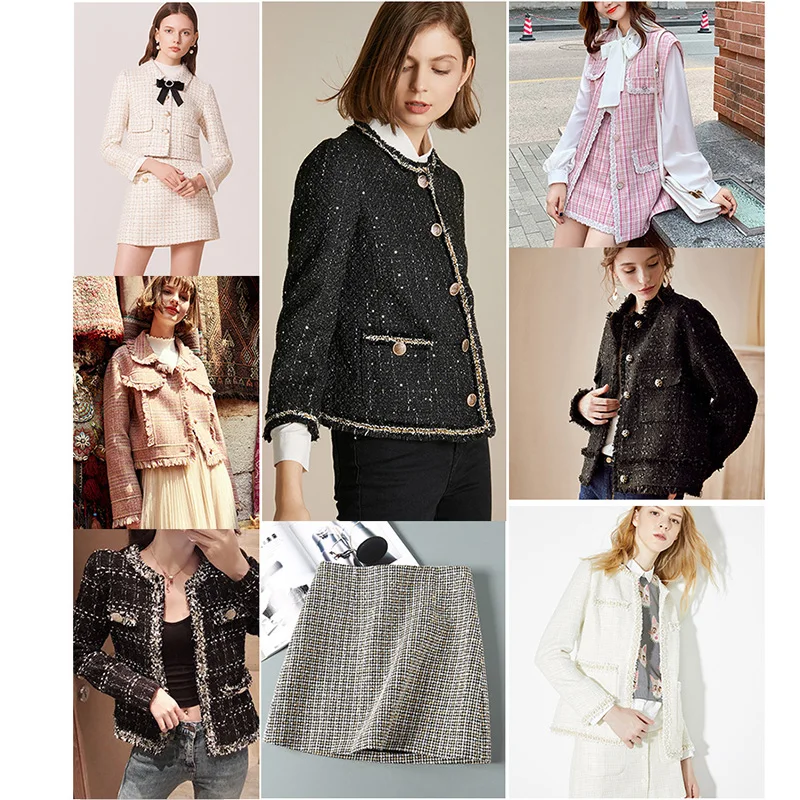 1/2/3M Woolen Tweed Fabric Lady Style Fiber Plaid Woven Tweed Fabric DIY Coat Clothing Dress Handmade Sewing Autumn Winter