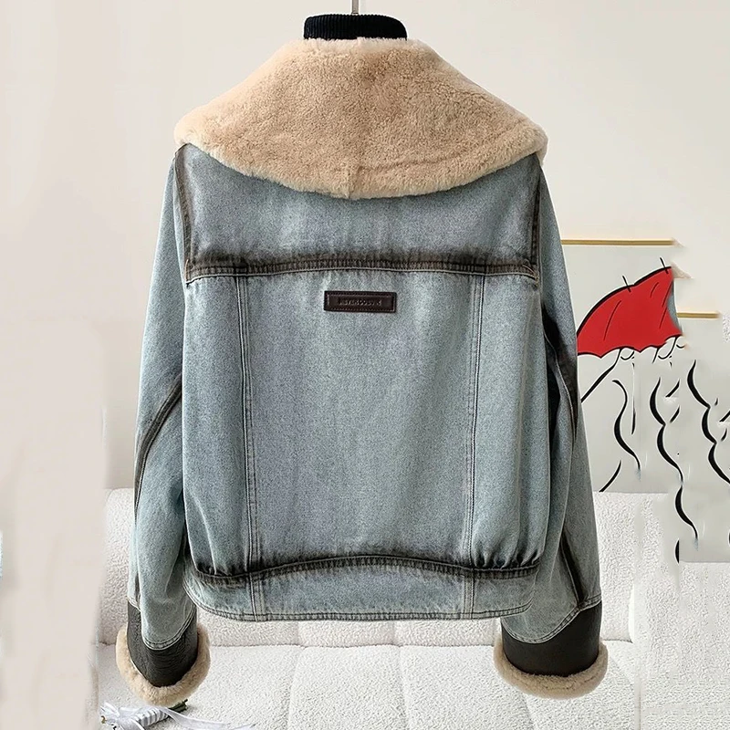 Winter Lamb Fur Denim Jacket Womens Thick Warm Sheepshearing Jean Coat Wool Liner Sherpa Denim Coats Thicker Outerwear Pocket