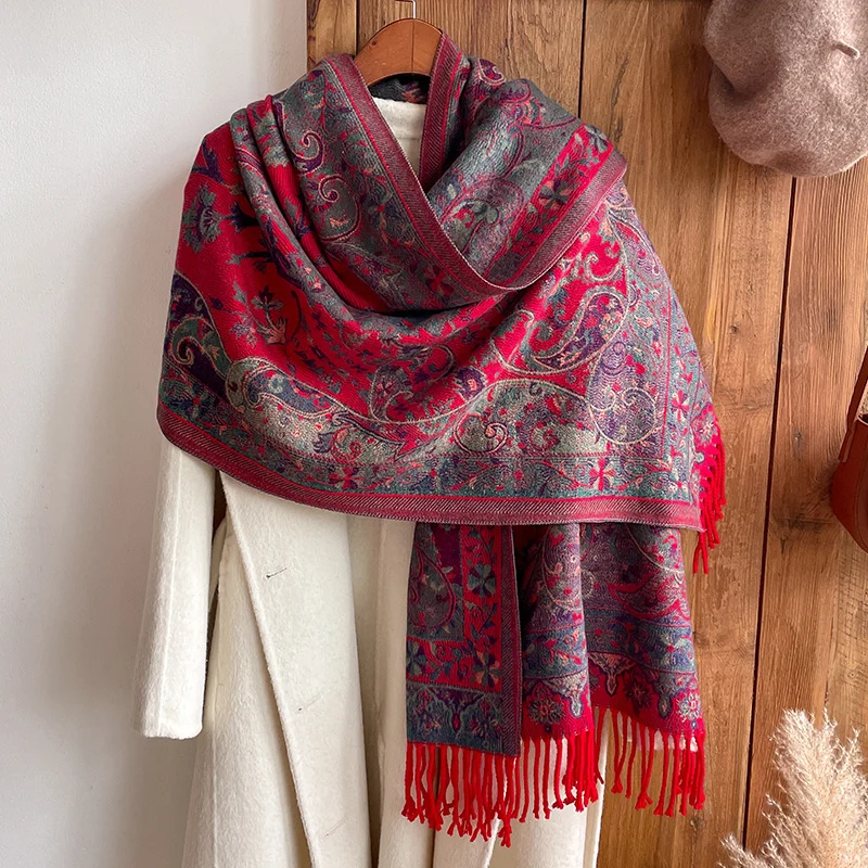 Ethnic Style Outdoor Travel Women Paisley Jacquard Scarf Thick Cashmere Tassel Shawl Winter Warm Neck Wrap Pashmina Floral