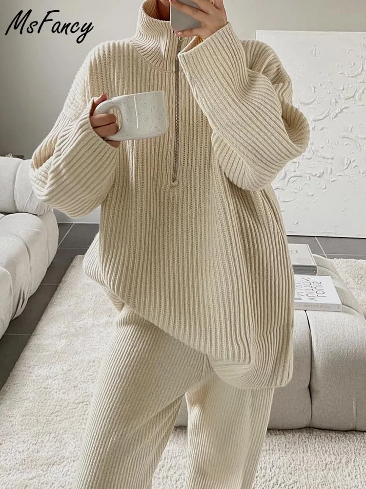 Msfancy Knitted Twinset Women Zipper Oversized Jumper Wide Leg Pants Split 2 Piece Sets Mujer Ribbed Sweater Suits Streetwear