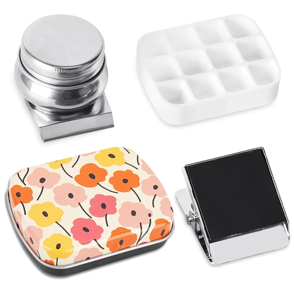 Portable Mini Tin Box,12-Well Empty Watercolor Palette,Small Paint Storage Kits with Magnetic Clip and Oil Pot, A