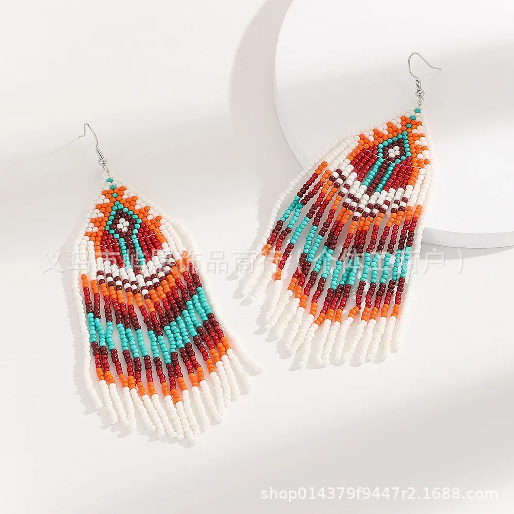 Beaded earrings Tassel Geometry Design Originality Gradient Hand knitting Bohemia Alloy Tide Simple Rice bead earrings