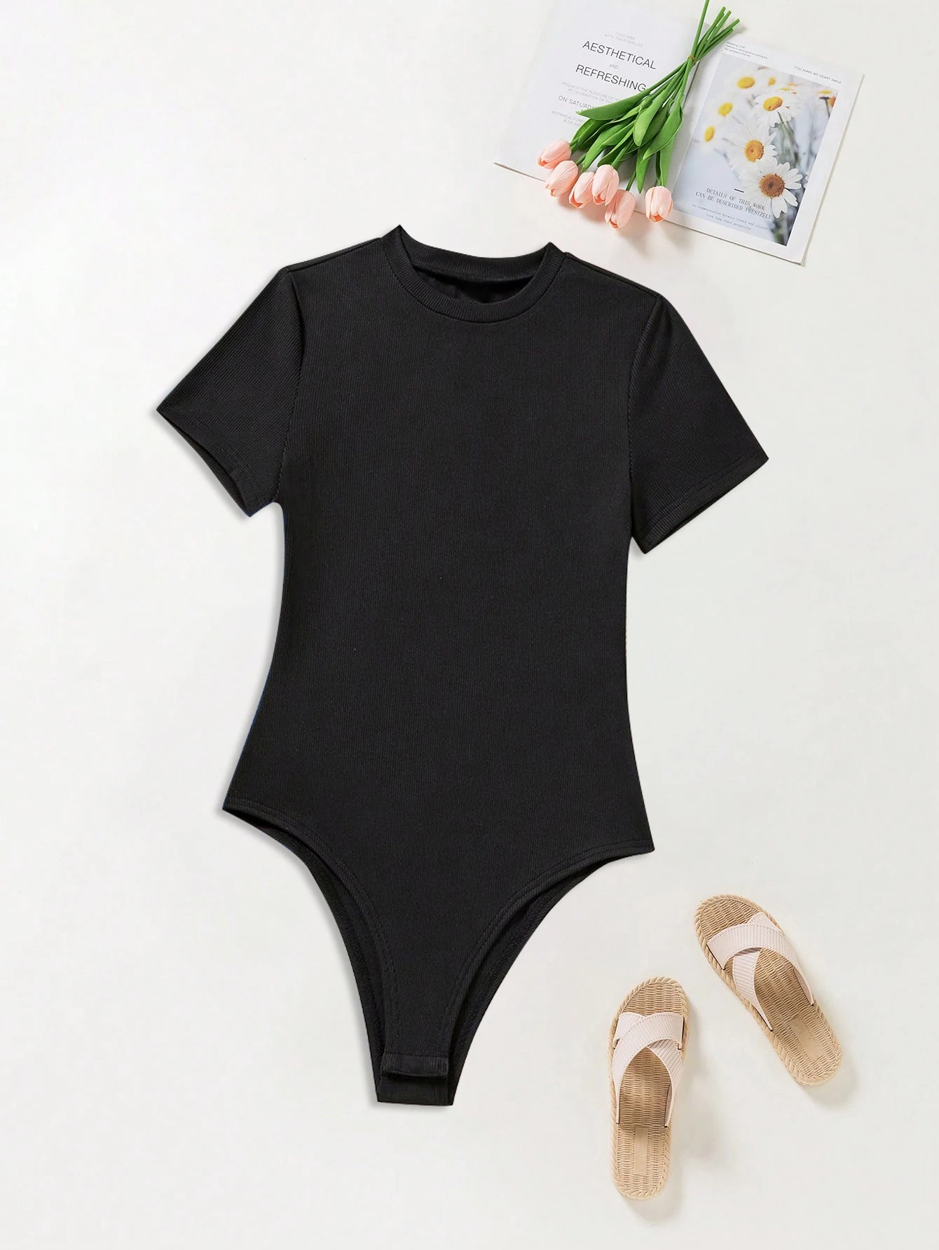 Damen Sommer Rundhals Einfarbiges Lässiges Enganliegendes Oberteil Set aus Fünf Teilen – Detail 4