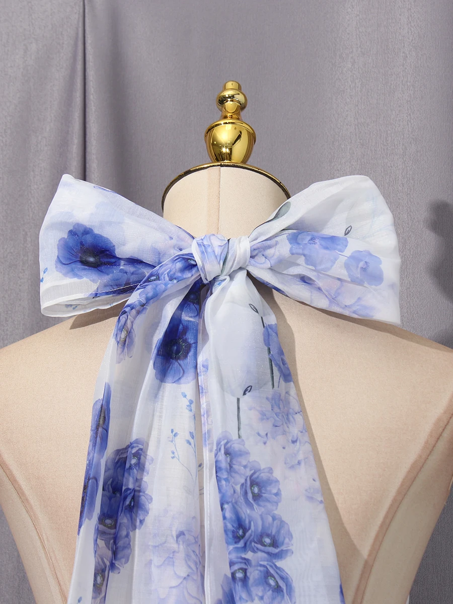 VGH Hotsweet Club Printing Mini Dress for Women Halter Sleeveless High Waist Spliced Ruffles Temperament Cake Dresses Female New