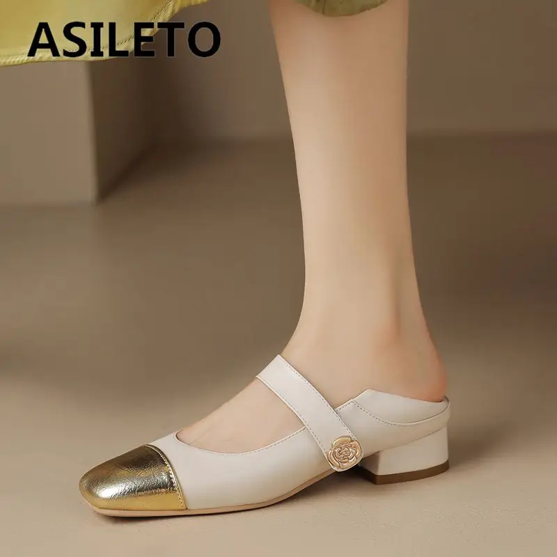 

ASILETO Women Korea Soft Flats Square Toe Hook&Loop Mixed Color Block Heels 3cm Casual Elegant Female Shoes Big Size 41 42 43